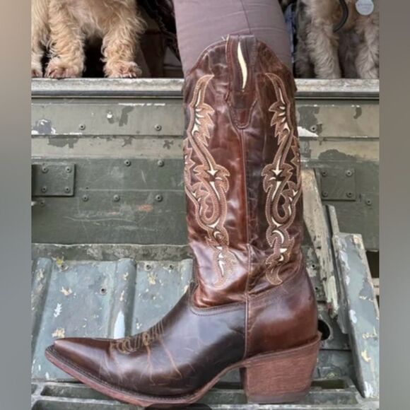 J.B. DILLON Brown & Cream Leather Ponderosa Cowboy Boots Size 10 B - Picture 1 of 16